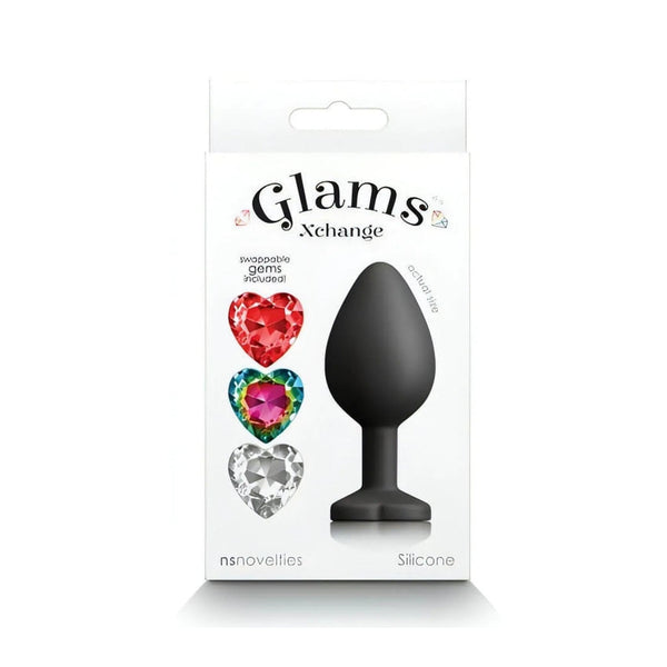 Confezione Glam's Xchange plug anale nero con tre gemme cuore intercambiabili incluse