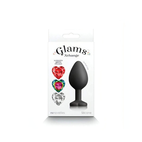 Packaging frontale plug anale nero Silicone NS Novelties con gemme cuore rosse e arcobaleno