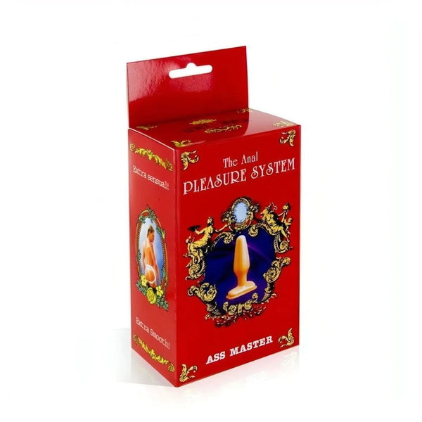 Confezione rossa Ass Master plug anale con dettagli dorati e illustrazione barocca