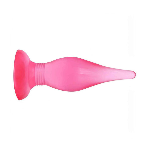 Plug anale rosa orizzontale con base a ventosa e anelli concentrici
