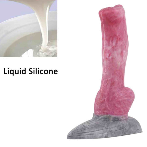 Dildo rosa in silicone liquido con dettagli anatomici e base marmo