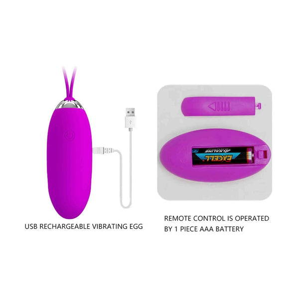 Ricarica USB vibratore uovo viola Pretty Love Julia e batteria AAA telecomando rimovibile