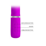 Dettaglio pulsanti vibratore coniglio viola acceso: vibrazione, rotazione e on/off