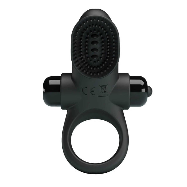 Anello vibrante nero Pretty Love vista frontale con unità stimolazione ovale a rilievi