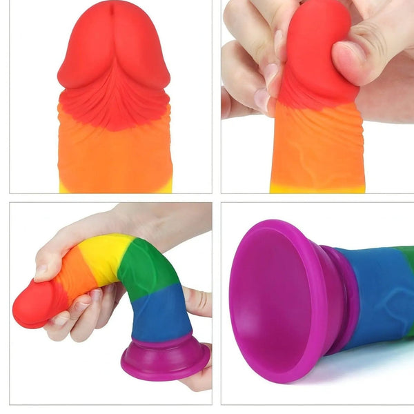 Composizione vista posteriore, flessibilità e dettaglio base ventosa dildo arcobaleno