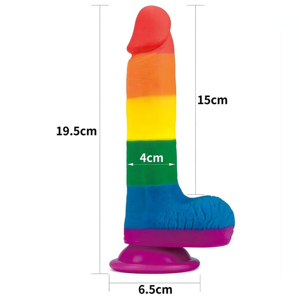 Dildo realistico arcobaleno in silicone 7.5" con ventosa rosa e base a forma di piede