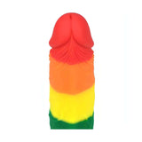 Vista posteriore dildo arcobaleno in silicone medicale con dettagli incisi