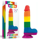 Dildo Prider arcobaleno in silicone con confezione Lovetoy e dettagli testicoli