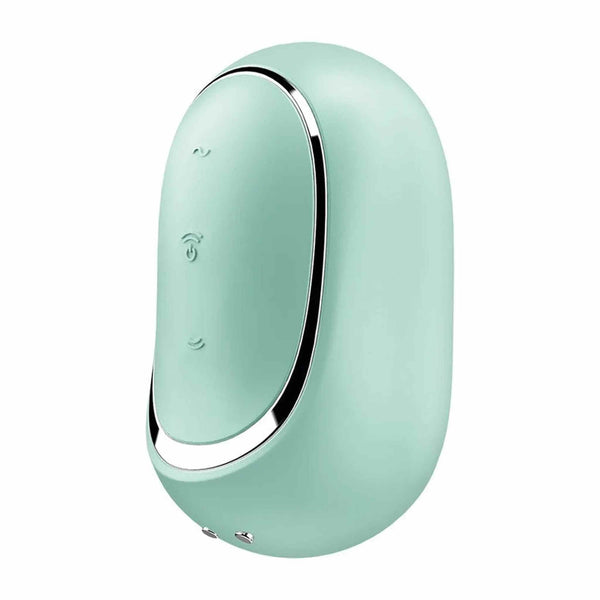 Satisfyer Pro To Go 2 verde menta vista laterale con simboli incisi e bordi metallici