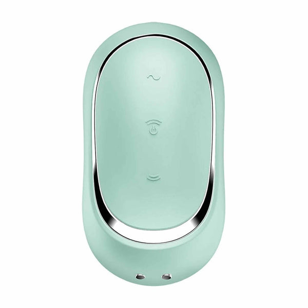 Satisfyer Pro To Go 2 frontale verde menta con controlli a onde e fori metallici inferiori