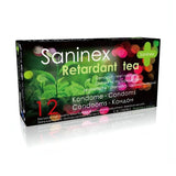 Confezione da 12 profilattici ritardanti Saninex Retardant Tea con lattice punteggiato e lubrificazione extra