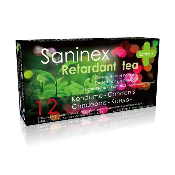 Confezione da 12 profilattici ritardanti Saninex Retardant Tea con lattice punteggiato e lubrificazione extra