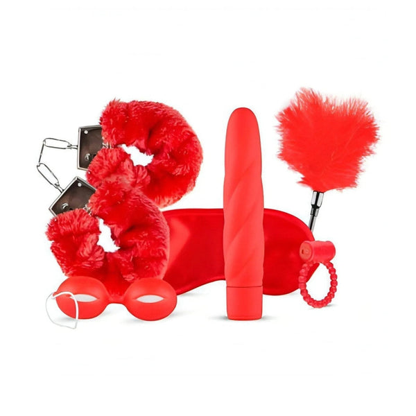 Kit giocattoli erotici coppia rosso con vibratore, piuma, maschera e manette