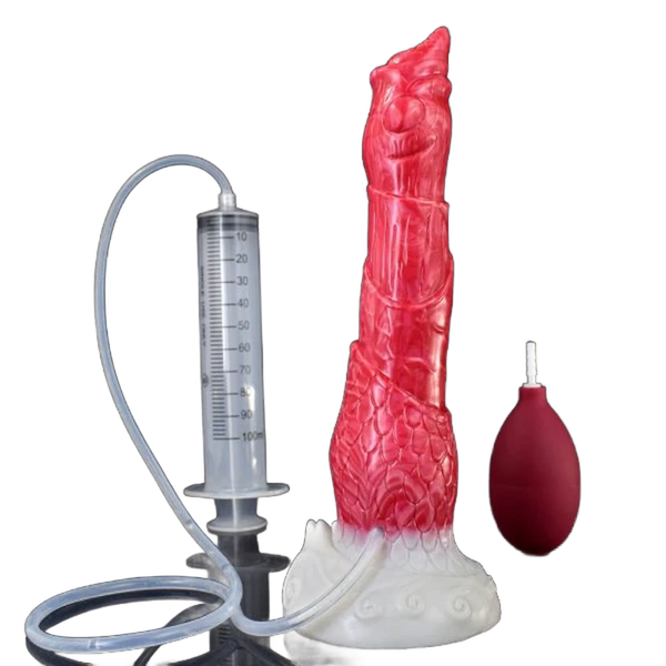 Dildo silicone rosso forma corno testa animale siringa graduata e bollitore