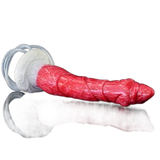 Dildo silicone rosso lucido texture scaglie testa animale con supporto decorato