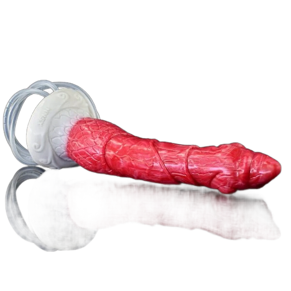 Dildo silicone rosso lucido texture scaglie testa animale con supporto decorato