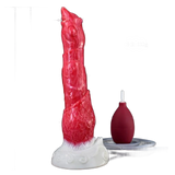 Vista laterale dildo silicone rosso texture scaglie peso netto 332g su base bianca