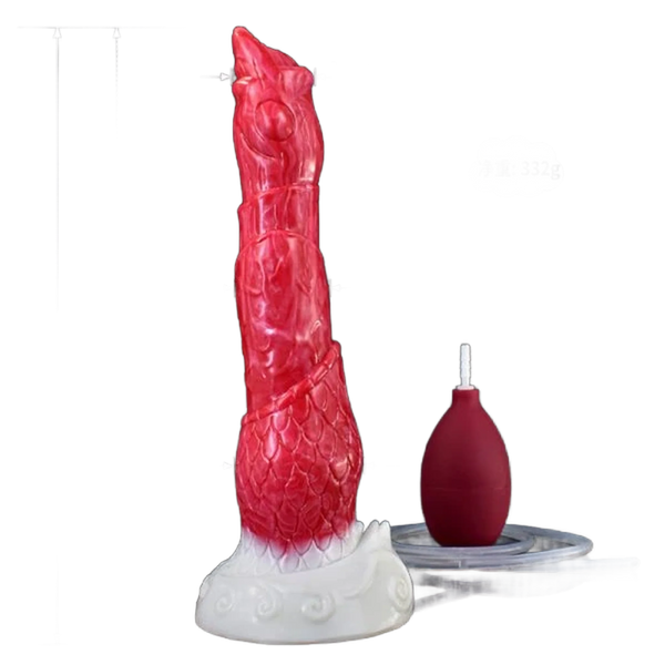 Vista laterale dildo silicone rosso texture scaglie peso netto 332g su base bianca
