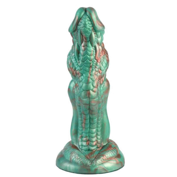 Dildo drago verde smeraldo ruggine vista posteriore scaglie definite riflessi metallici