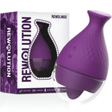 Rewolingo vibratore per clitoride viola in silicone accanto alla scatola con icone USB e impermeabile