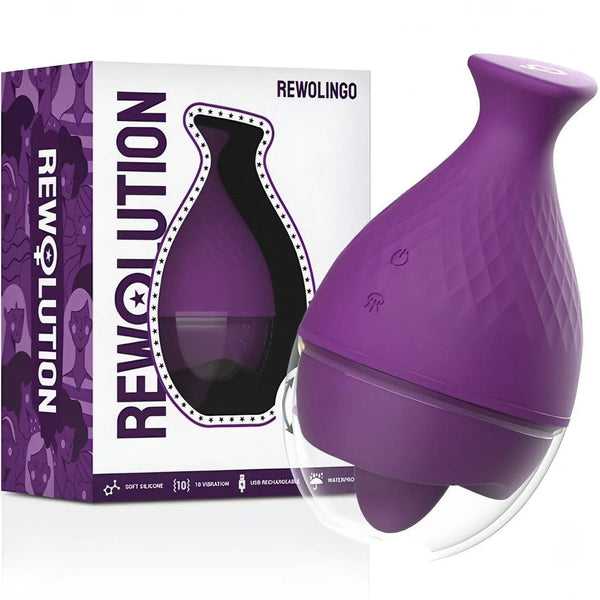 Rewolingo vibratore per clitoride viola in silicone accanto alla scatola con icone USB e impermeabile