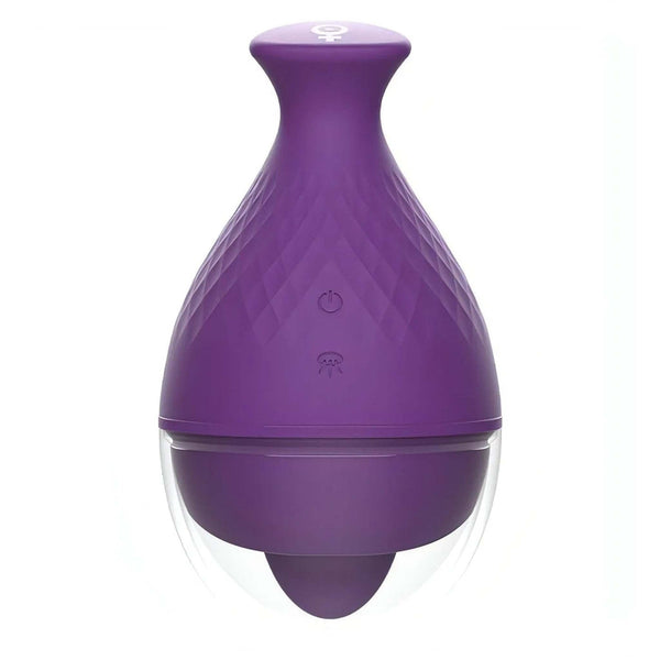 Pulsante femminile e controlli vibrazione su vibratore clitorideo Rewolingo viola in silicone