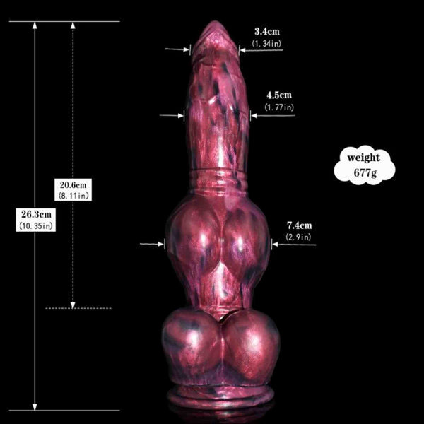 Dildo marmorizzato rosa porpora nero Magmara Ringo con misurazioni e peso indicato
