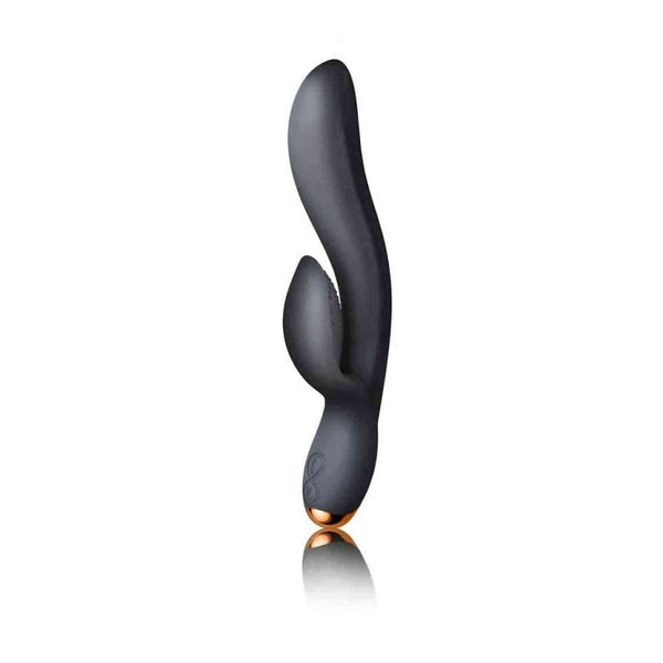 Vibratore rabbit nero Regala con design ergonomico curvo e anello decorativo dorato alla base