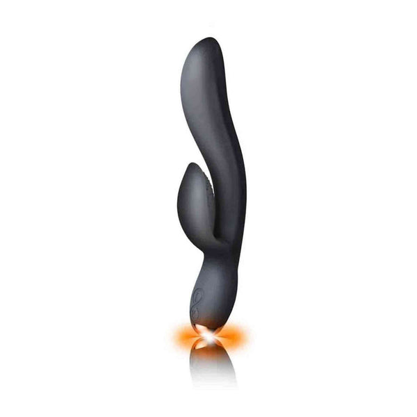 Vibratore rabbit nero Regala in silicone opaco con base luminosa arancione e punta testurizzata