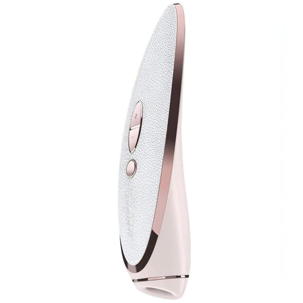 Satisfyer Prêt-à-Porter rosa pallido profilo laterale con finitura pelle e striscia bronzo
