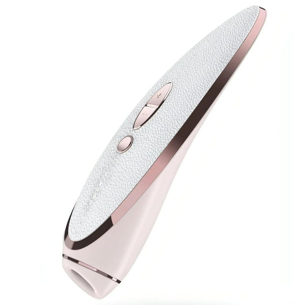 Satisfyer Prêt-à-Porter rosa pallido vista angolata silicone bianco dettagli metallici