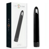 Vibratore Intense VITO nero lucido accanto alla confezione bianca con logo brand