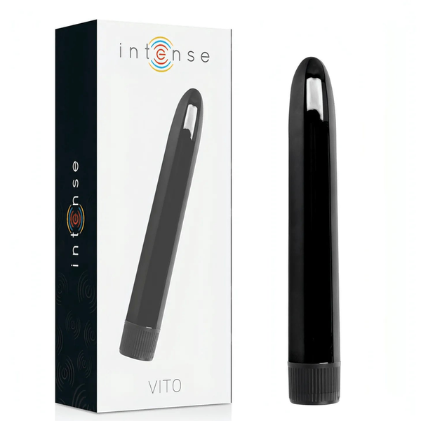 Vibratore Intense VITO nero lucido accanto alla confezione bianca con logo brand