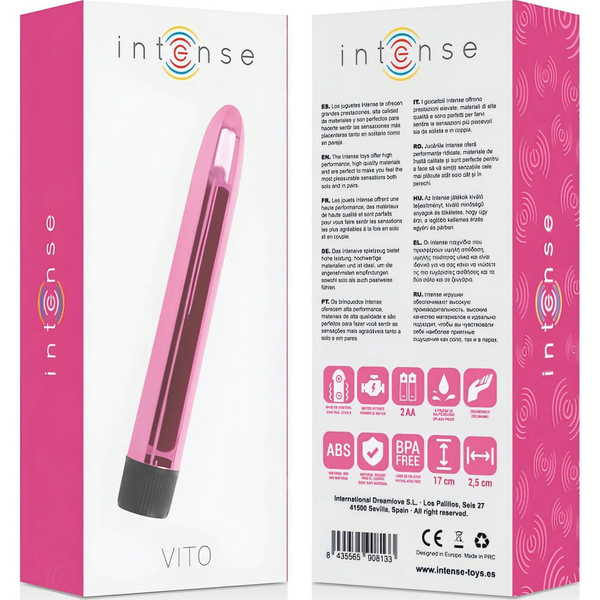 Confezione vibratore Intense VITO rosa con logo brand e icone caratteristiche