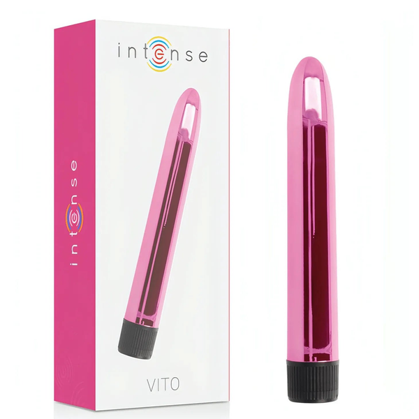 Vibratore Intense VITO rosa metallico accanto alla confezione bianca e rosa