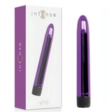 Vibratore viola lucido Intense VITO con base nera a scanalature e confezione