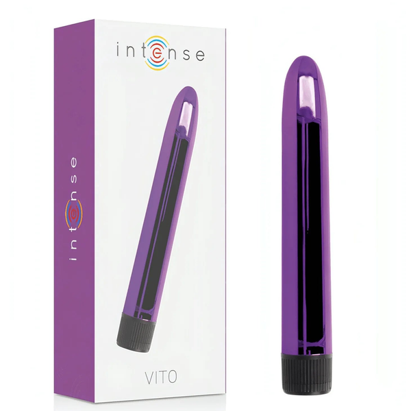 Vibratore viola lucido Intense VITO con base nera a scanalature e confezione