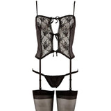 Set 3 Pezzi Basco In Pizzo Con Slip e Calze Velate Nere