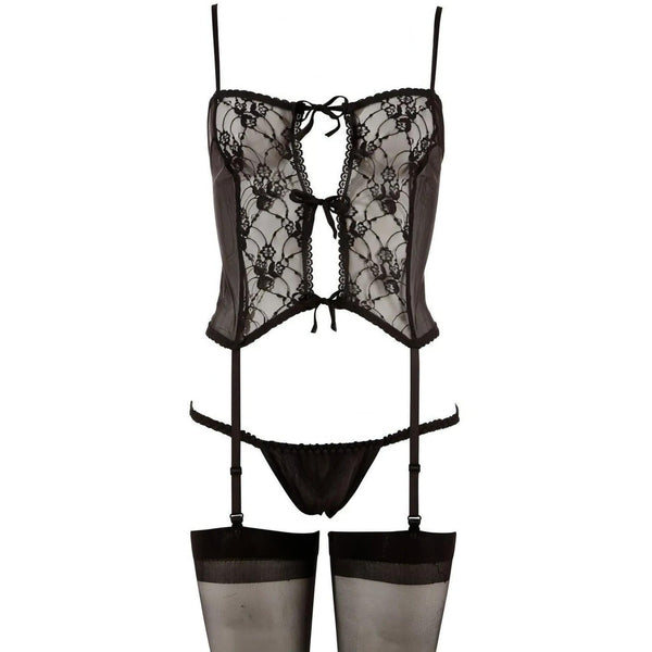 Set 3 Pezzi Basco In Pizzo Con Slip e Calze Velate Nere