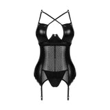 Set corsetto nero pizzo aperto frontale bottone centrale e slip cinghie calze