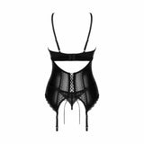 Corsetto nero retro taglio U lacci incrociati pizzo e slip cinghie calze