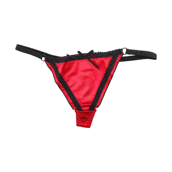 Perizoma in raso rosso con occhielli metallici laterali e pizzo nero