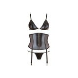 Visualizzazione piatta completo nero reggiseno triangolare e corpetto con zip