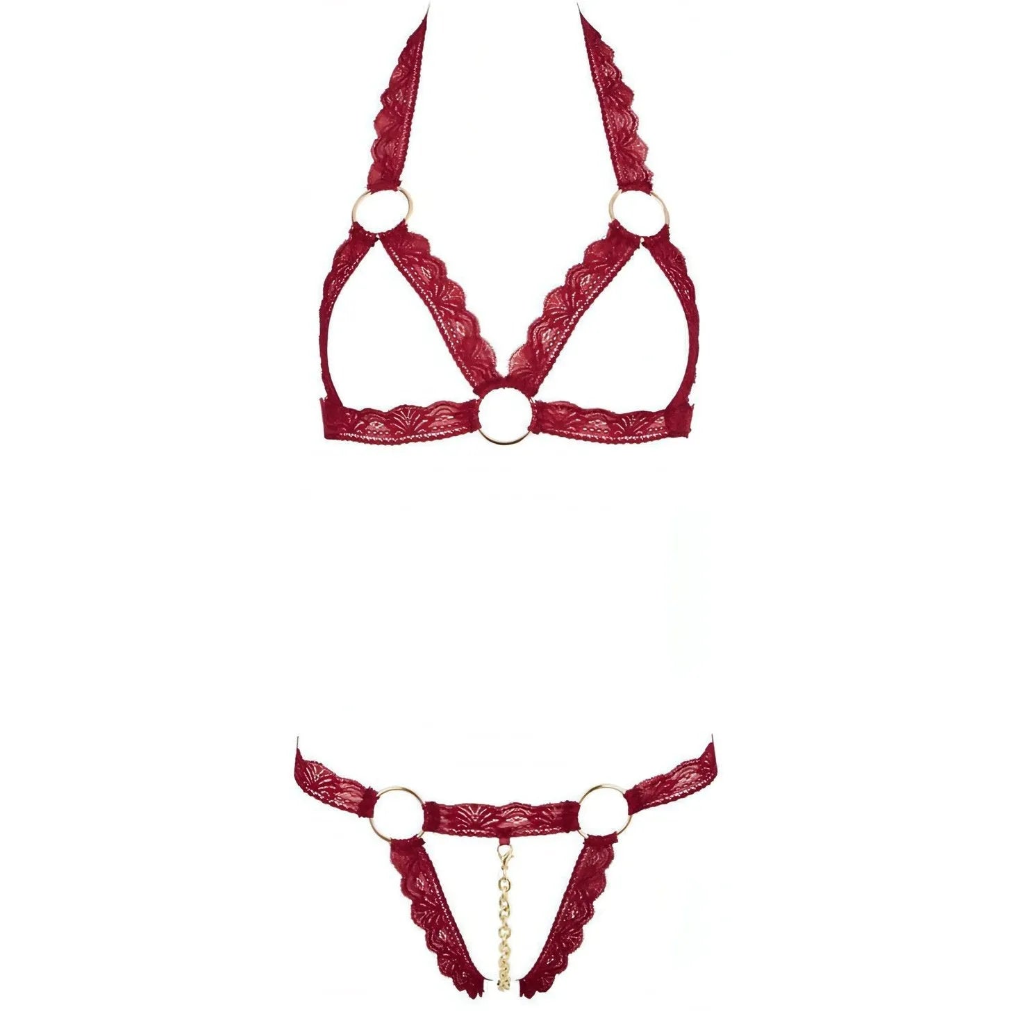 Set reggiseno in pizzo elastico con anelli metallici decorativi. Taglia - S/M