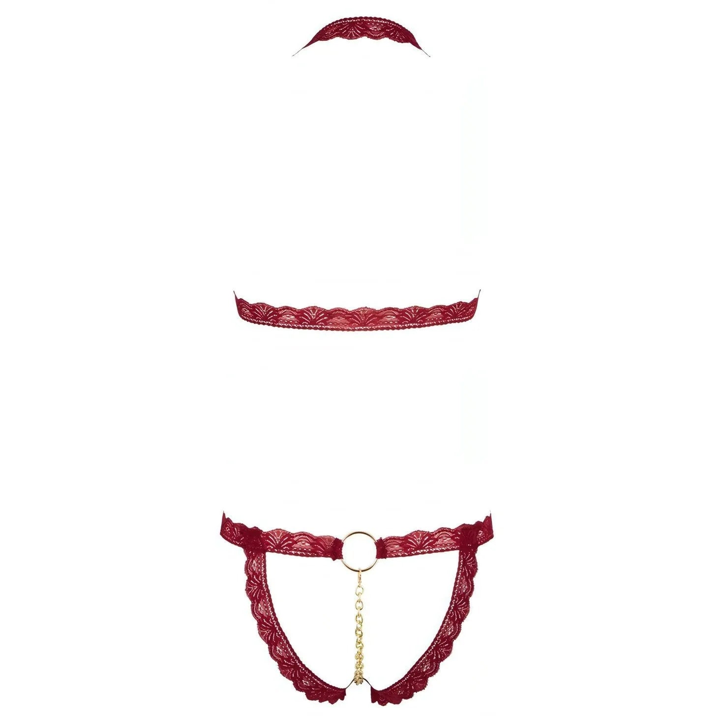 Set reggiseno in pizzo elastico con anelli metallici decorativi. Taglia - S/M
