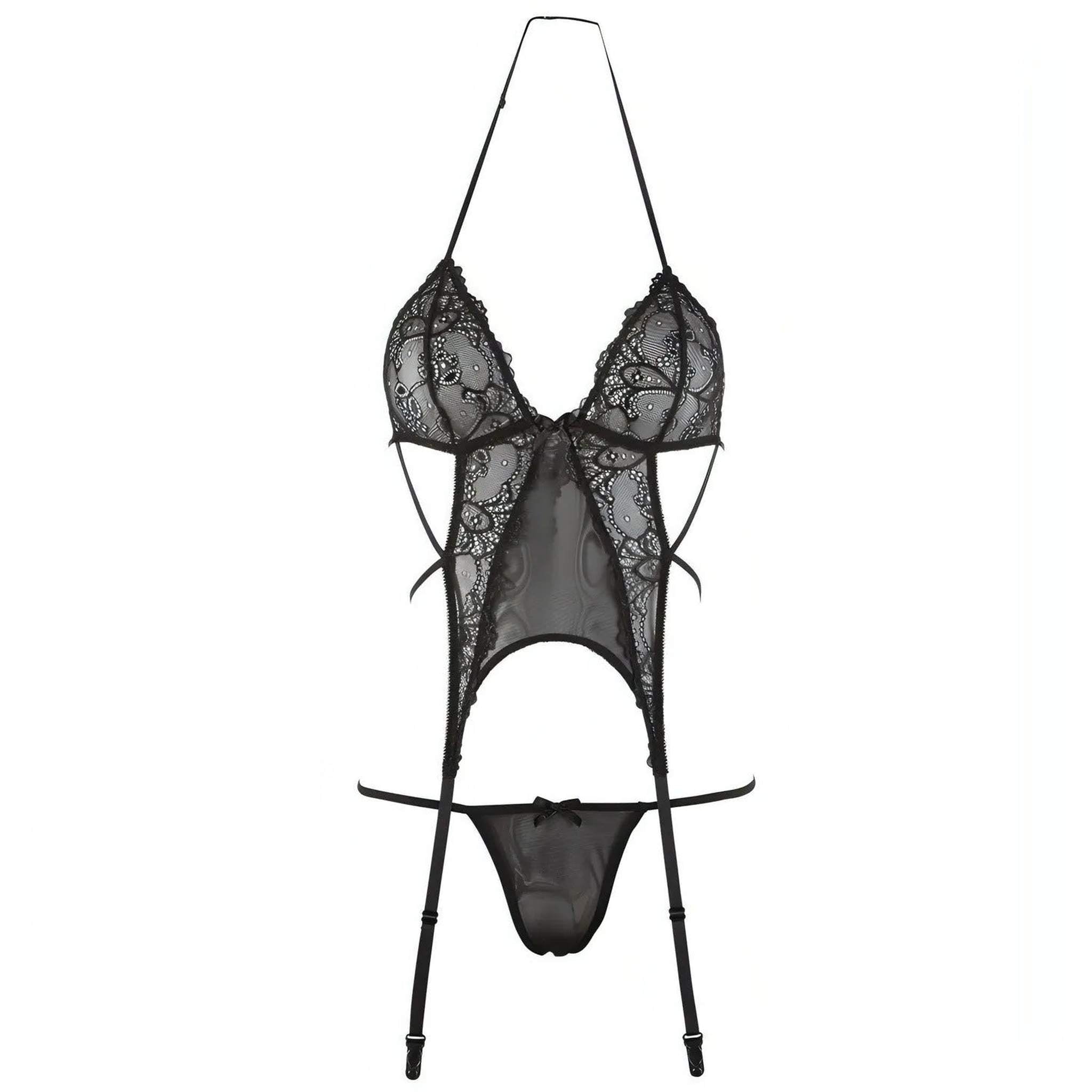 Sexy Set con body reggicalze, perizoma nero e geisha balls rosse - S/M