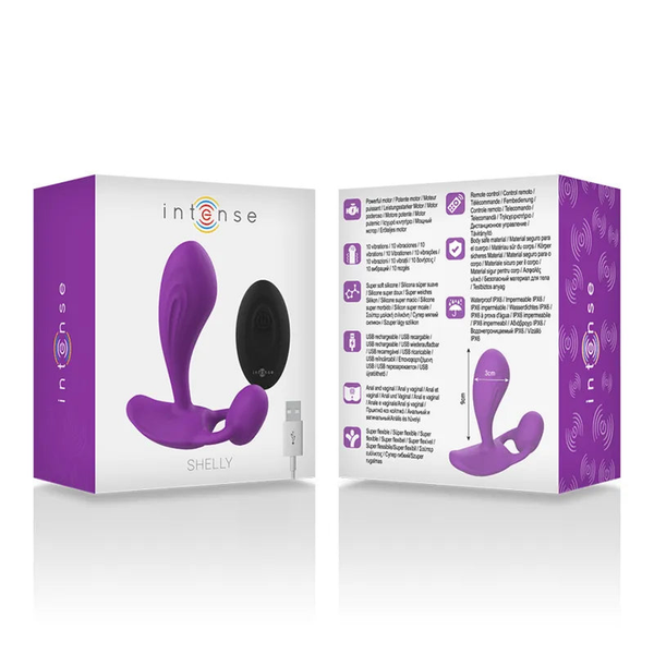 Confezione plug anale Intense Shelly viola con specifiche tecniche e accessori