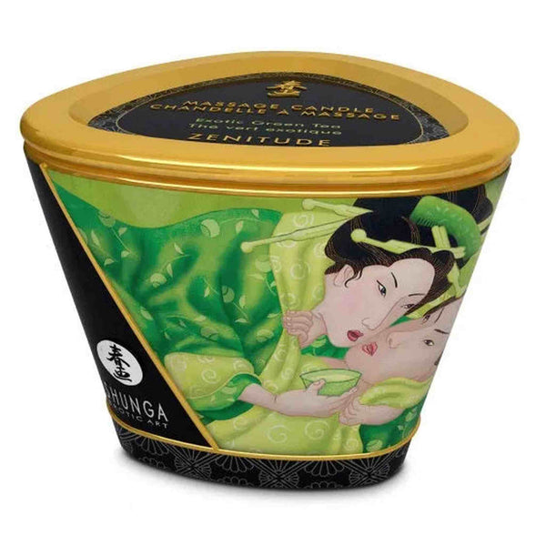 Candela massaggio Shunga tè verde con design nero e dorato