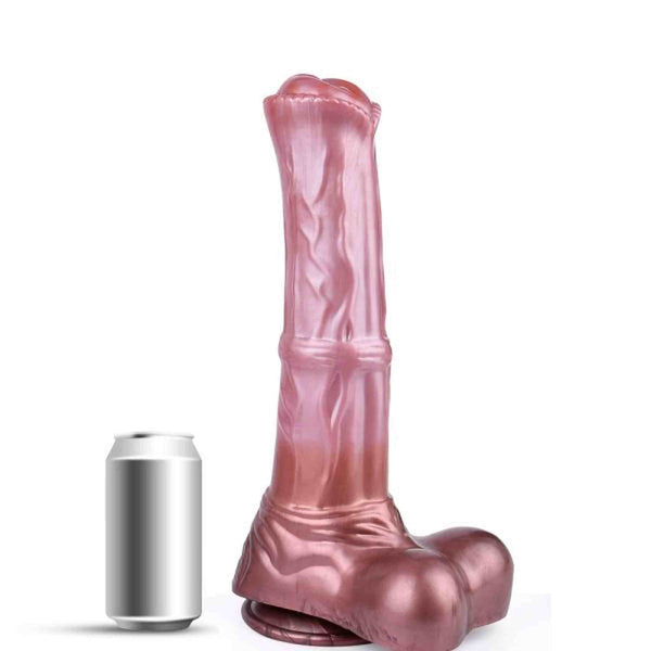 Vista frontale dildo silicone rosa metallizzato forma cavallo corpo curvo e bordo ondulato