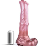 Dildo in silicone rosa metallizzato a forma di cavallo con base zampa e lattina scala